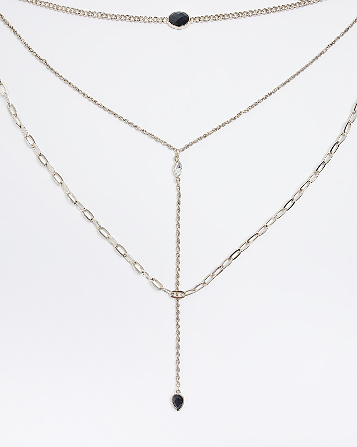 Gold stone detail multirow necklace