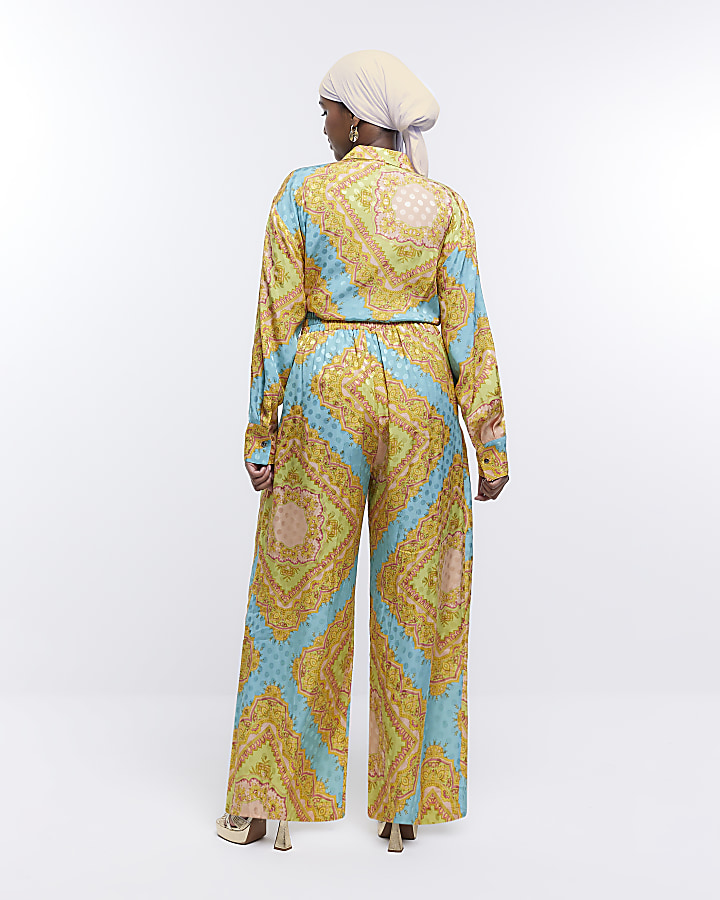 Turquoise Print Wide Leg Trousers