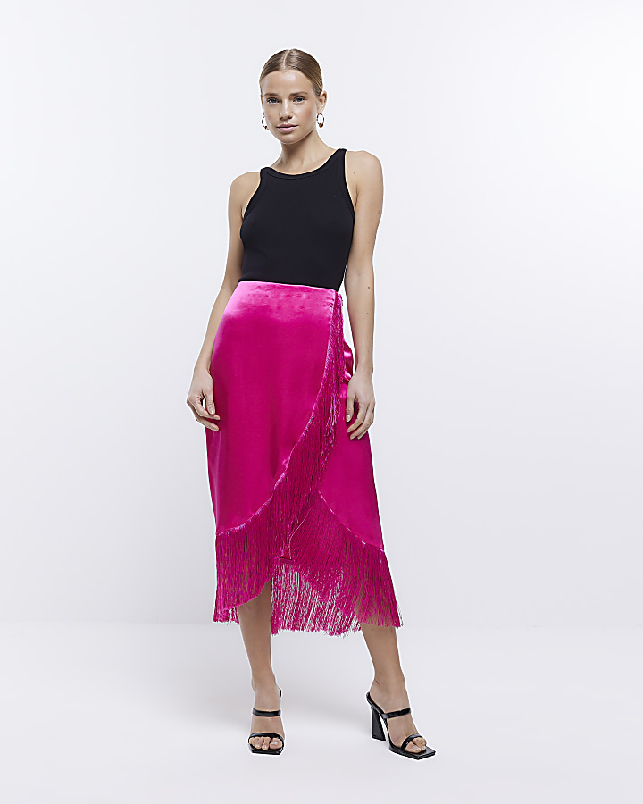 Pink Fringe Wrap Midi Skirt