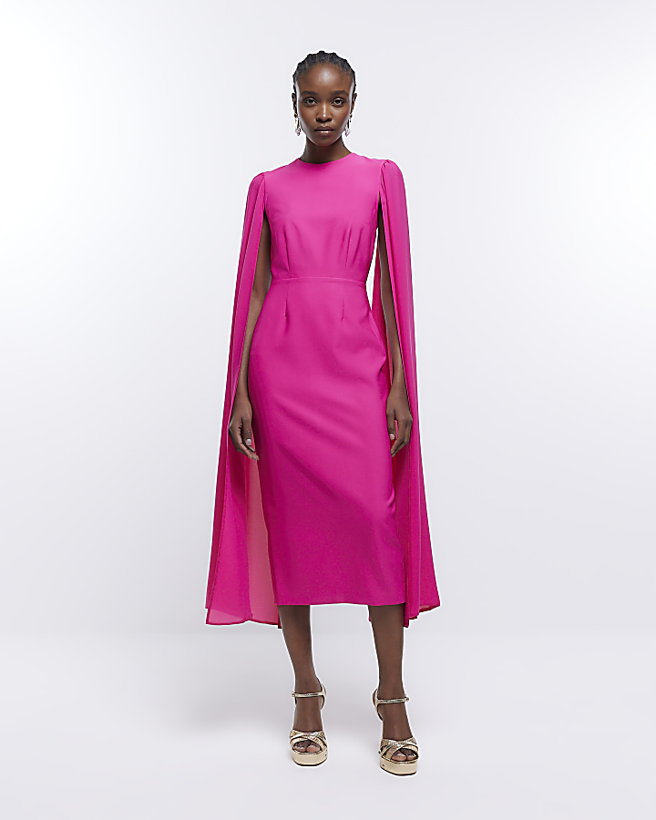 Pink chiffon cape sleeve midi dress