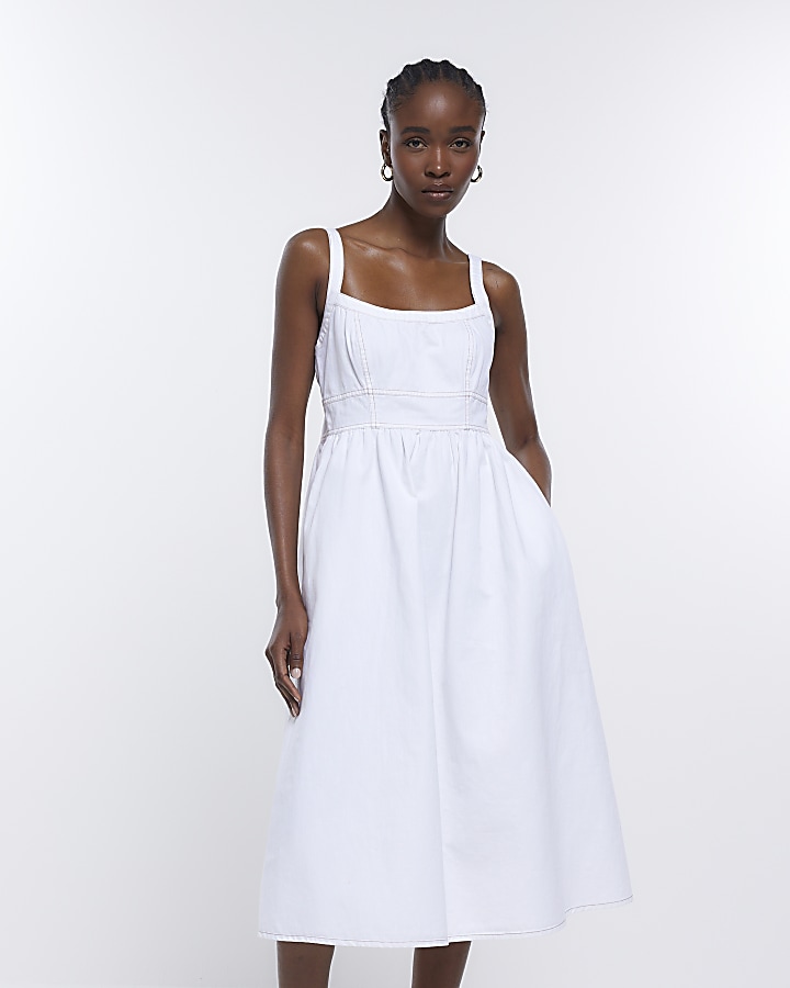 White Denim Midi Dress | River Island