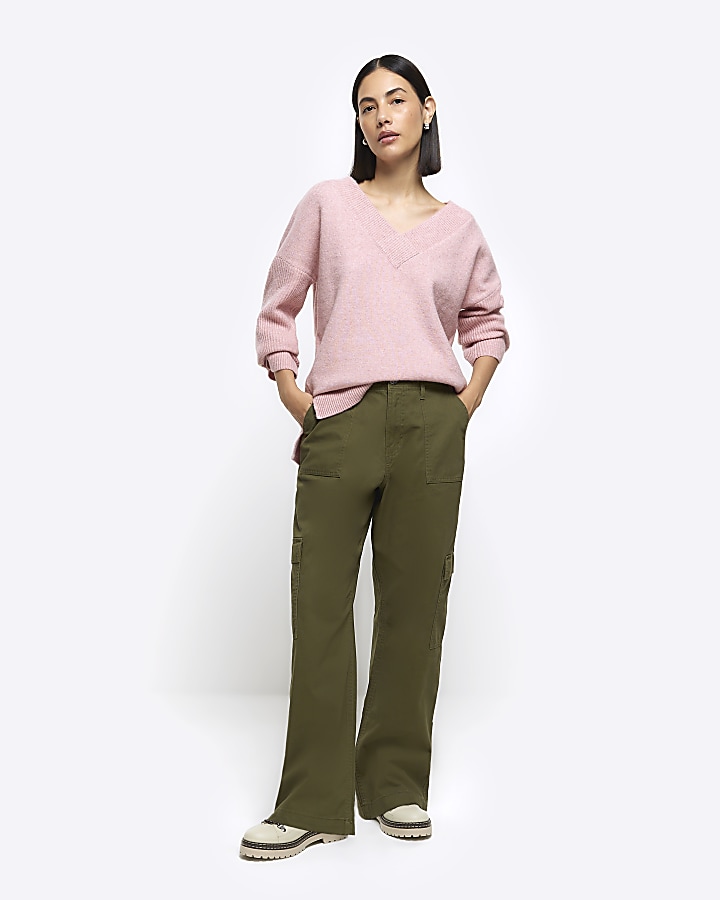 Khaki wide leg cargo trousers