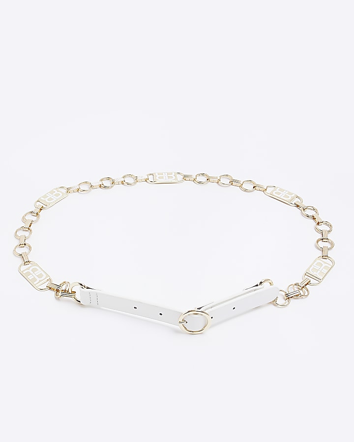 White RI monogram chain belt