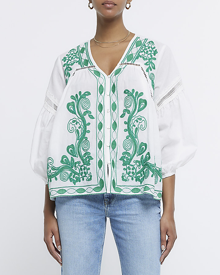 White embroidered smock top