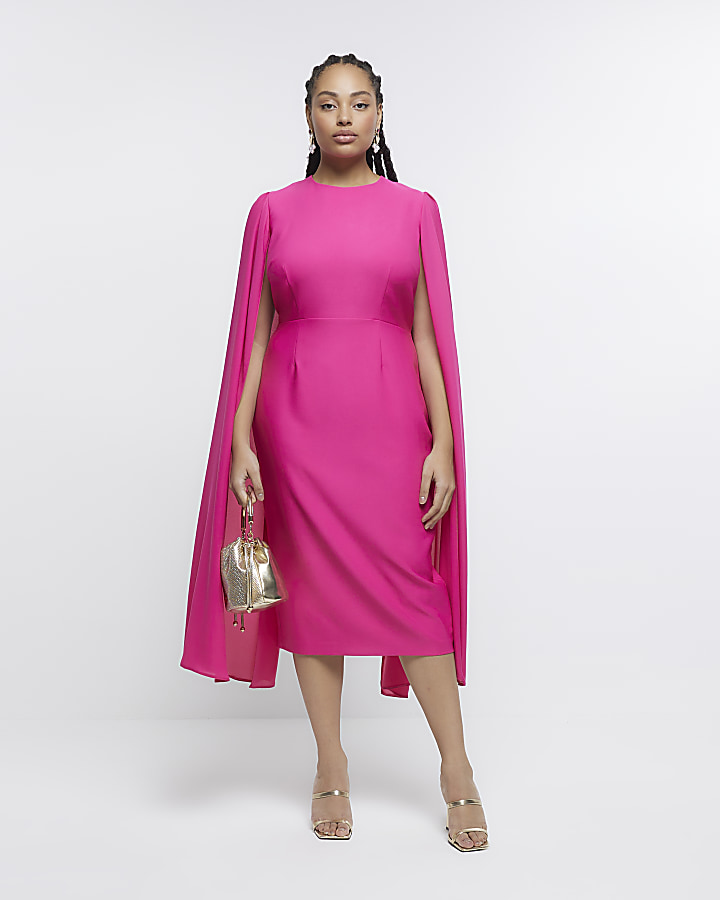 Plus pink chiffon sleeve bodycon midi dress