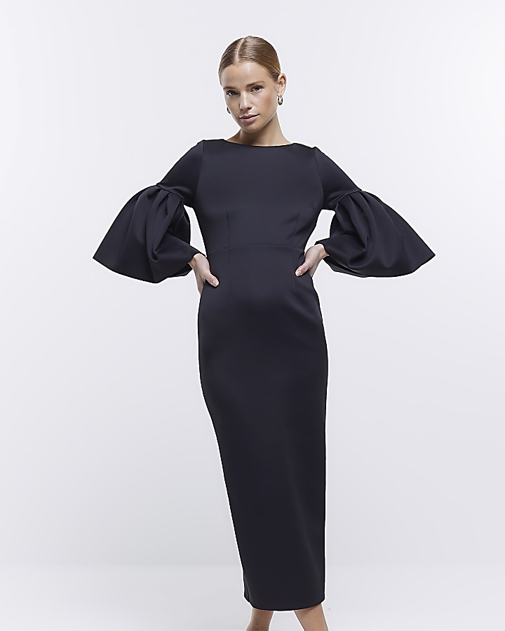 Black bell sleeve bodycon midi dress