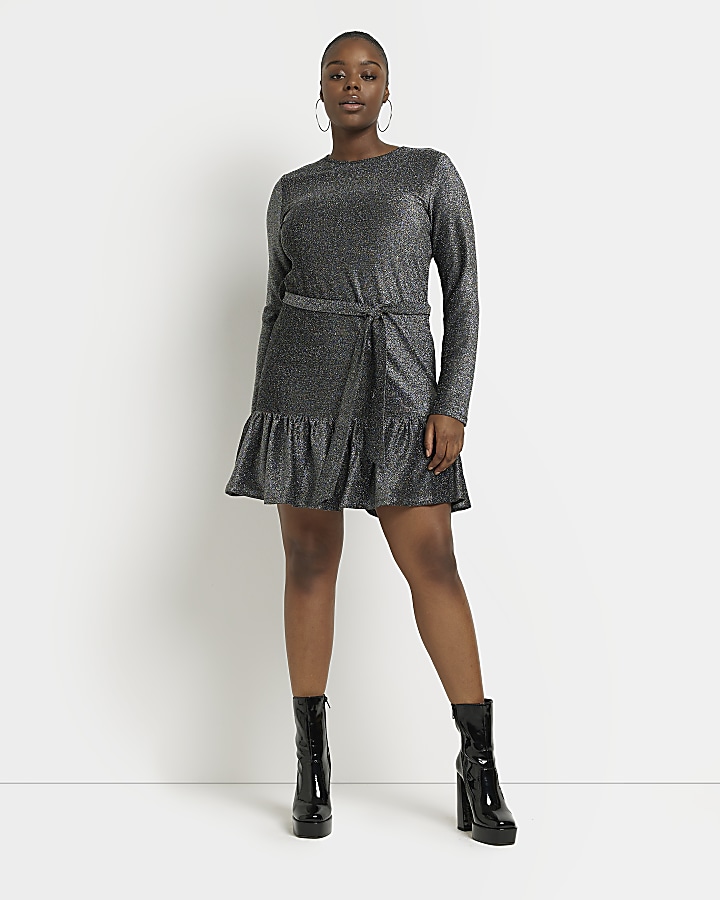 Plus grey glitter tie waist skater mini dress