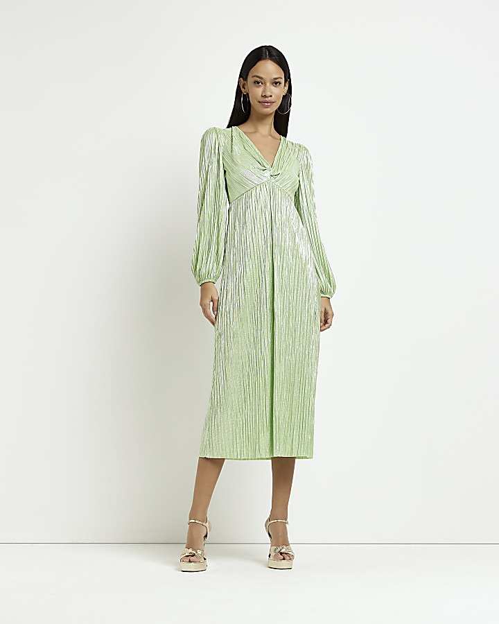 Green metallic plisse midi dress