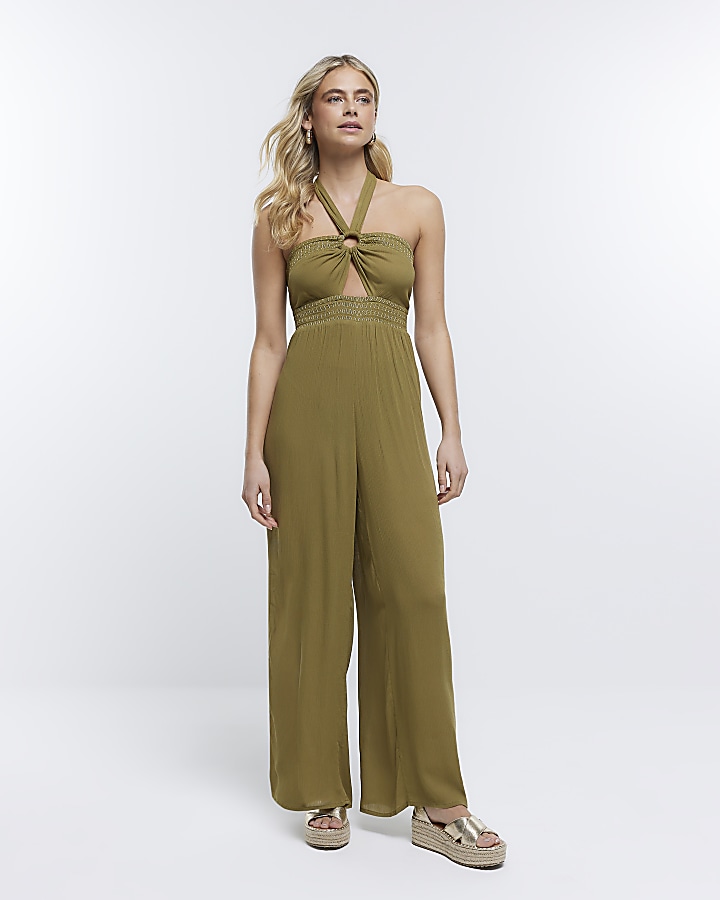 Khaki bandeau halter neck jumpsuit