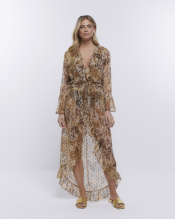 Shape Brown Leopard Printed Woven Lace Cup Detail Maxi Dress