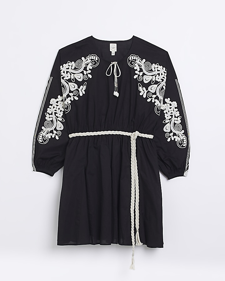 Plus black linen embroidered shirt dress