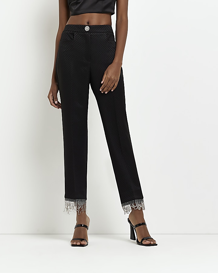 Black jacquard diamante straight leg trousers