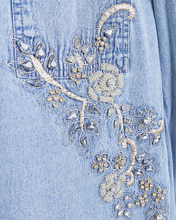 Blue embellished denim shirt | River Island
