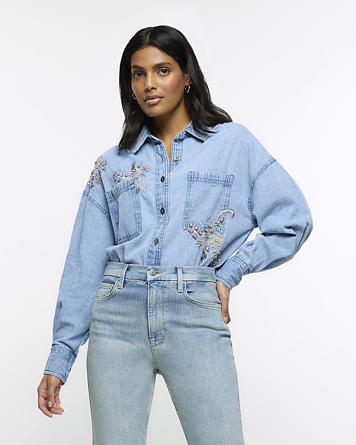 River island puff 2024 sleeve denim shirt