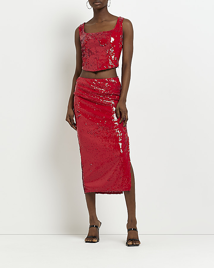 Red sequin pencil midi skirt