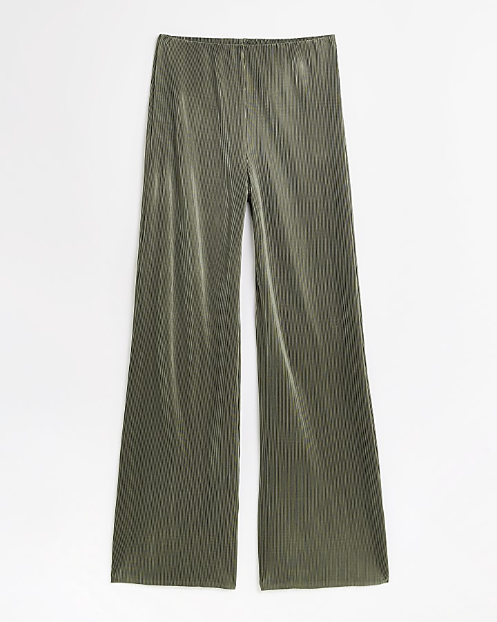 Khaki plisse flared trousers