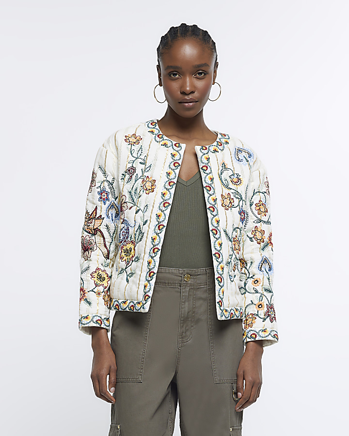 Cream Floral Quilted Jacket River Island