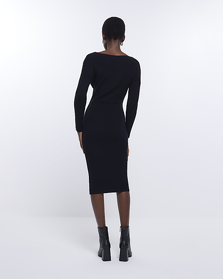 Black knit wrap jumper midi dress