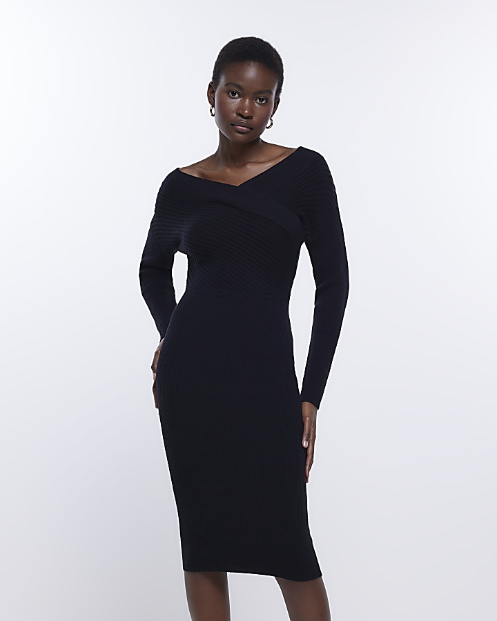 Black knit wrap jumper midi dress