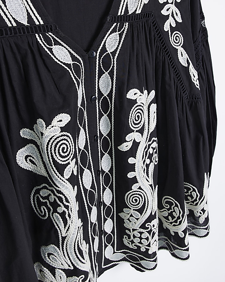 Black embroidered smock top
