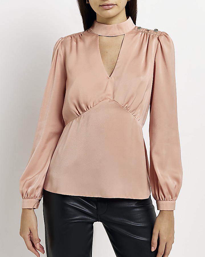 Pink satin high neck cut out blouse