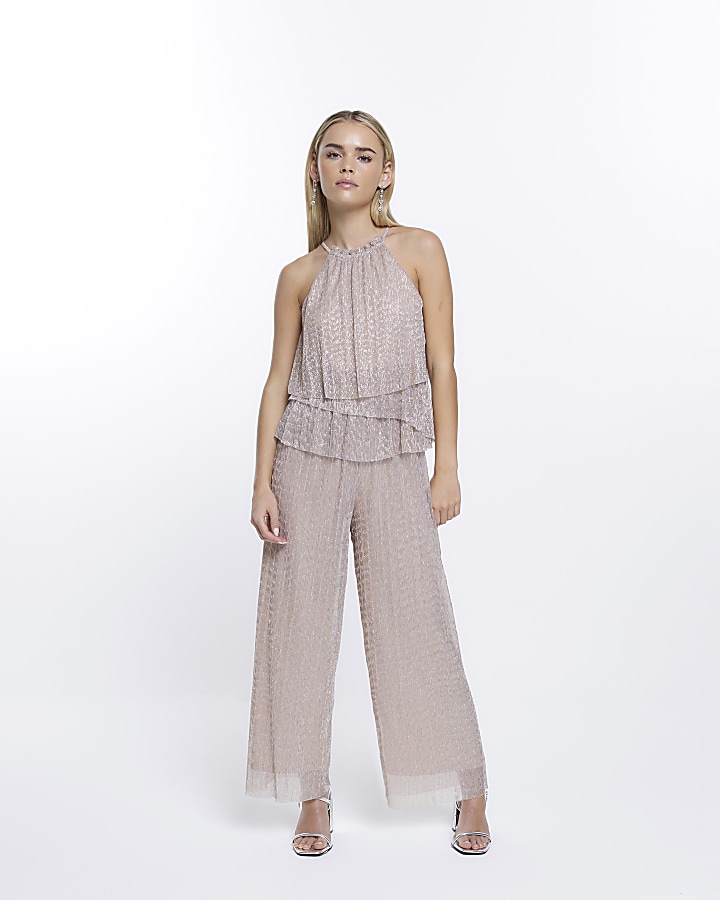 Petite rose gold halter neck jumpsuit | River Island