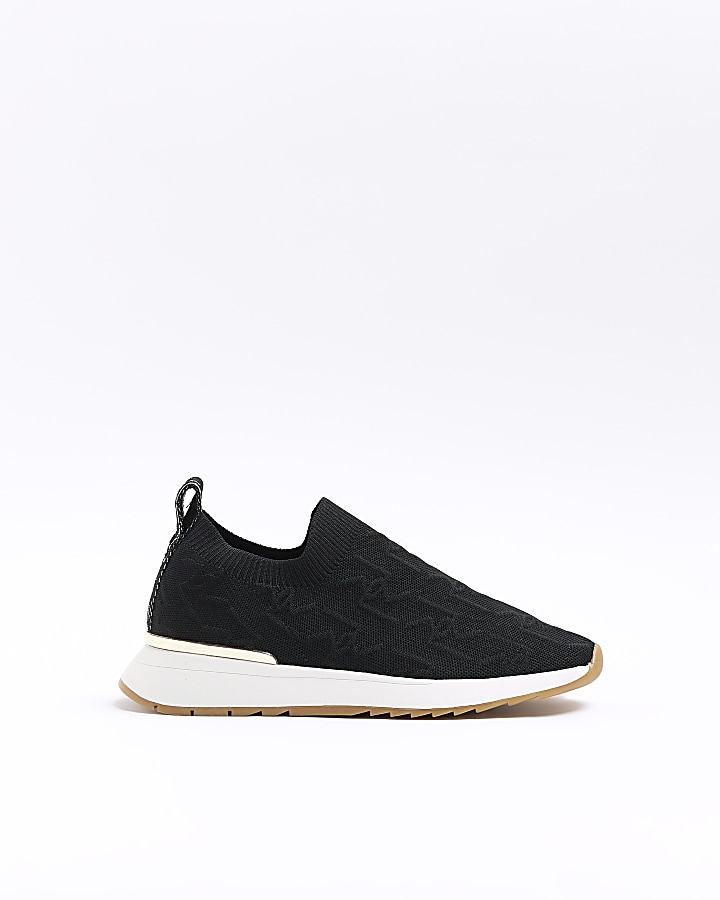 Black wide fit knitted embossed trainers | River Island