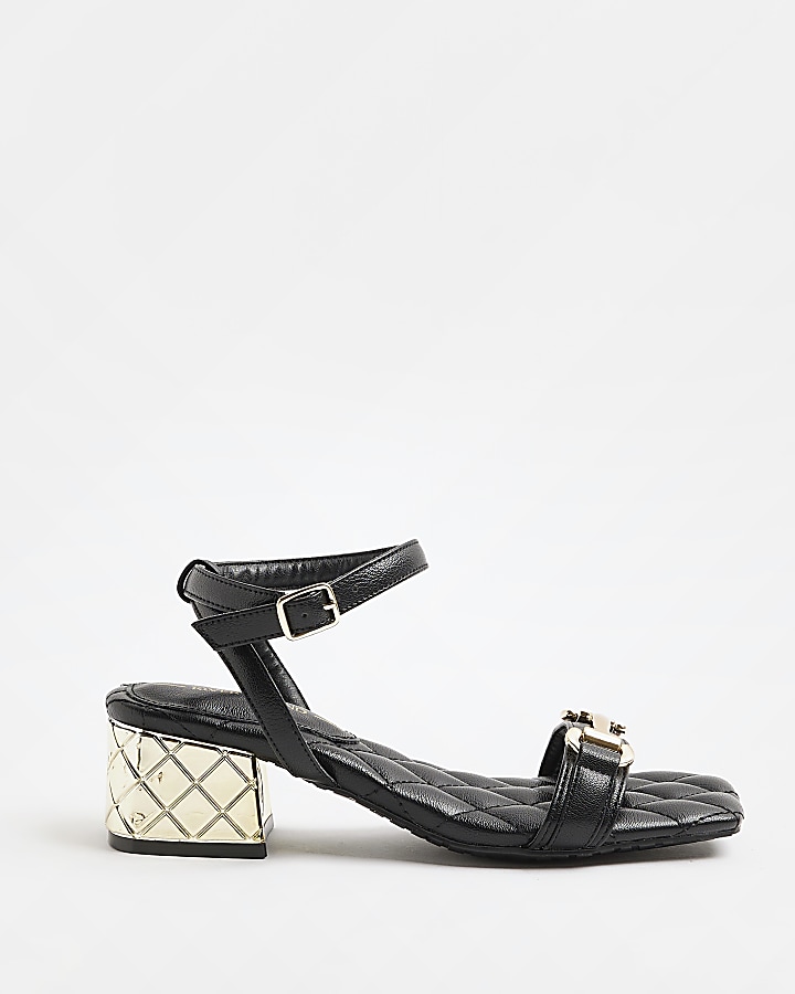 Black wide fit quilted heeled sandals River Island