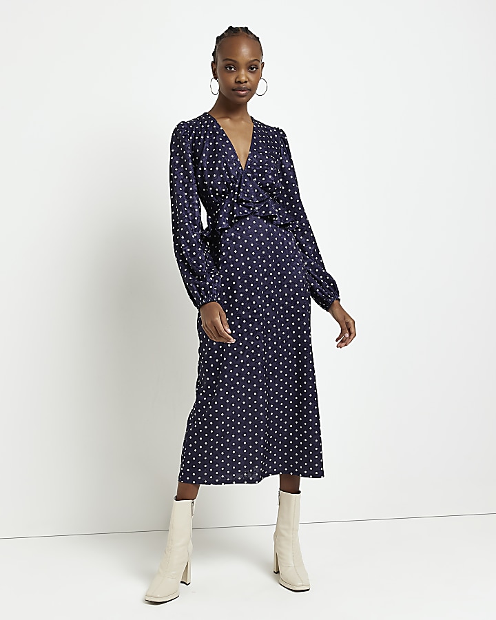 Navy jacquard spot smock midi dress