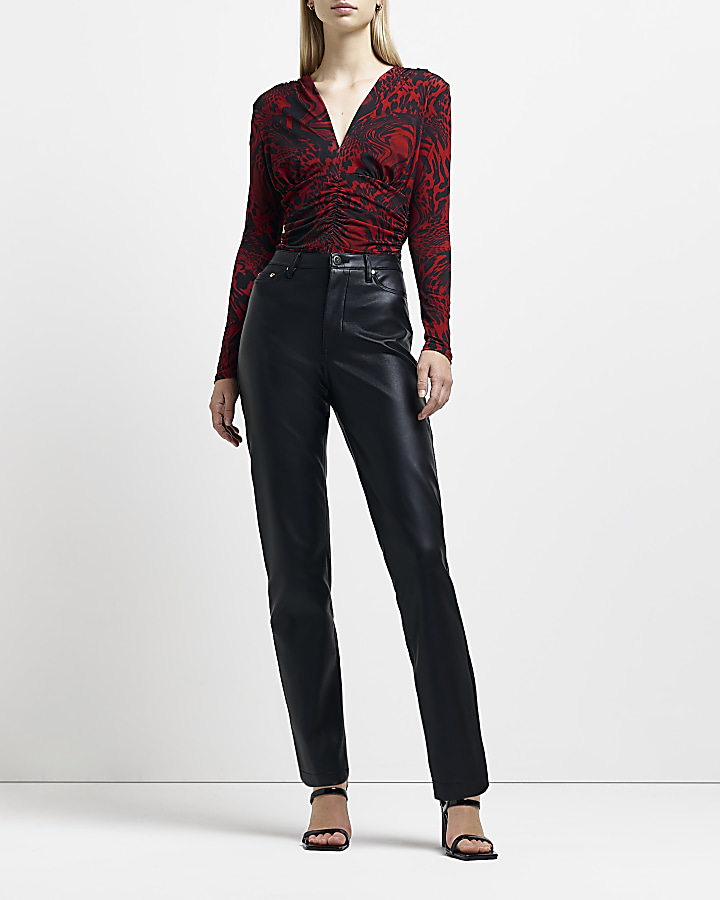 Red animal print ruched bodysuit