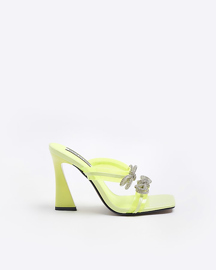 Yellow wide fit bow detail heeled mules | River Island