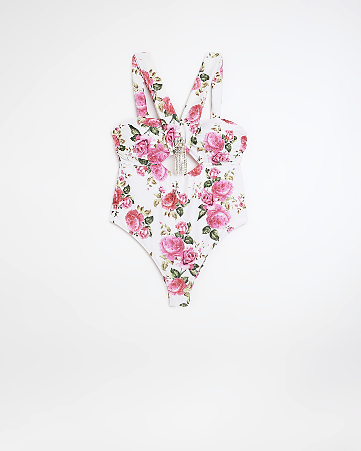 White floral bandeau cut out swimsuit