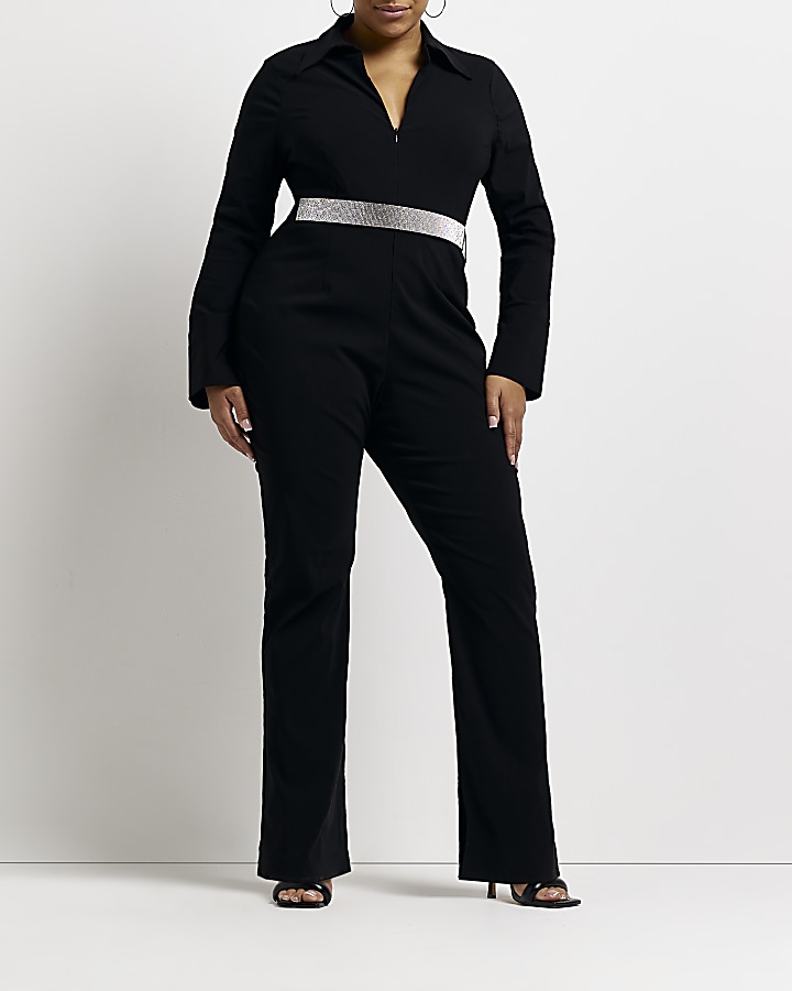 Plus black embellished belted jumpsuit