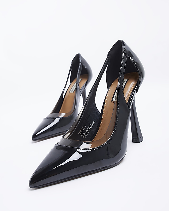 Black wide fit patent heeled court shoes