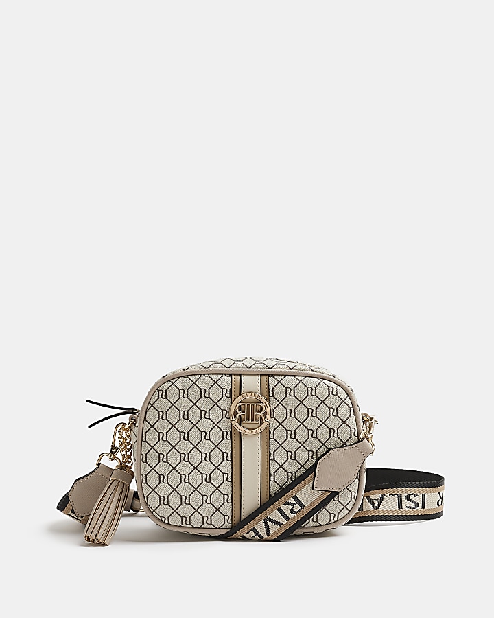 Beige RI monogram print cross body bag