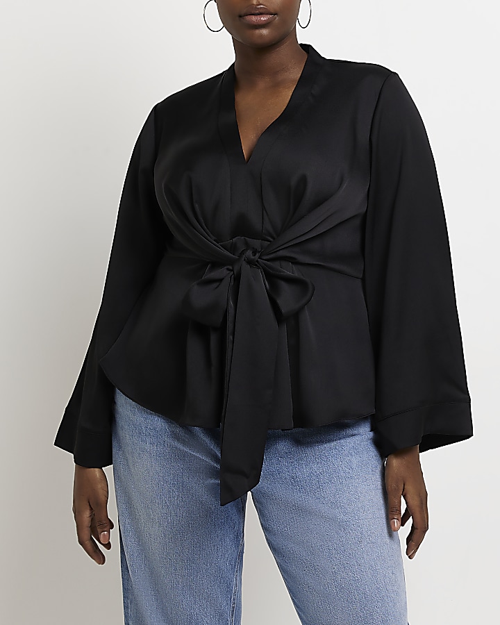 Plus black satin tie front blouse