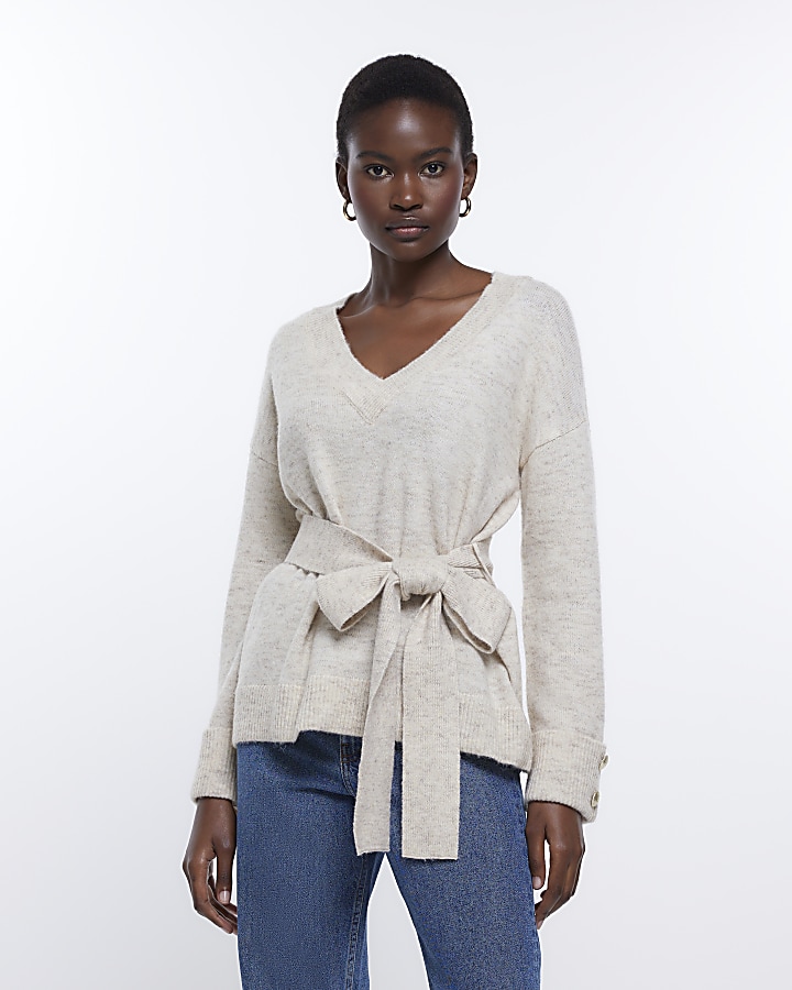 Beige knit belted jumper