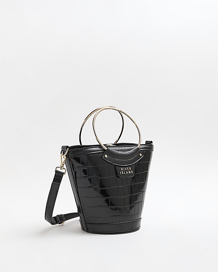 Black croc patent tote bucket bag