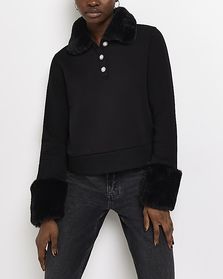 Black faux outlet fur sleeve jumper