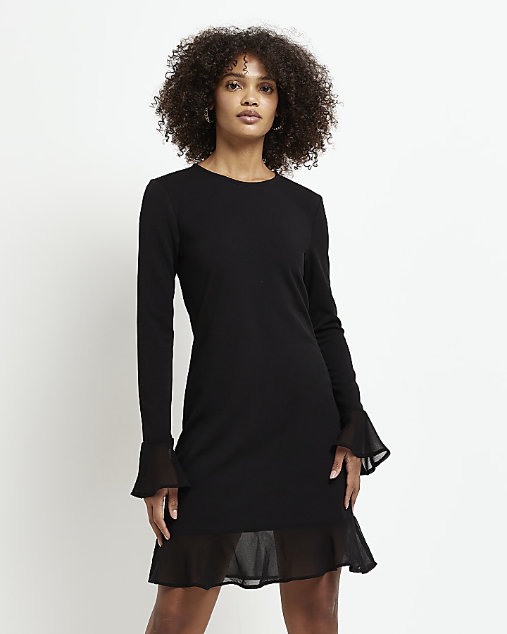 Black long best sale sleeve shift dress