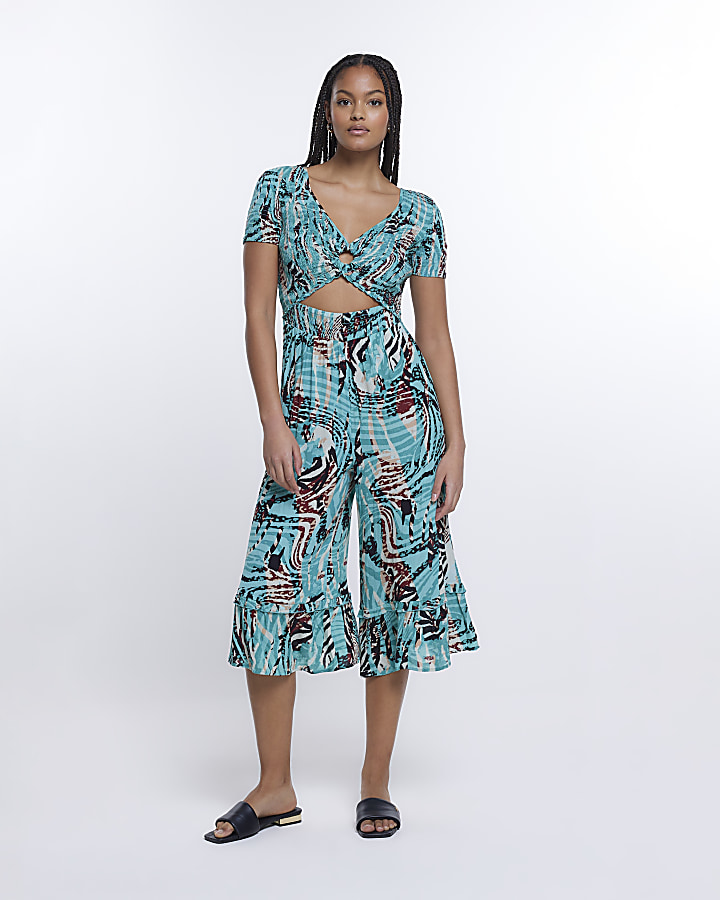 Blue animal print cut out jumpsuit