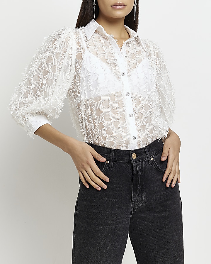 Shirt with discount sheer puff sleeves