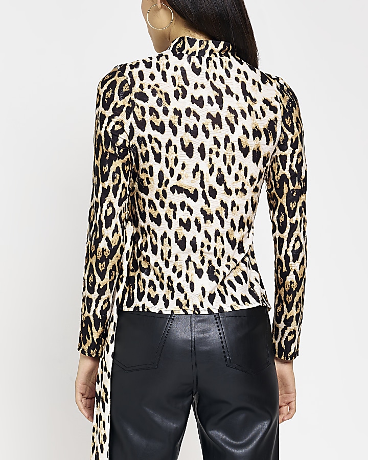 Brown leopard print asymmetric blouse