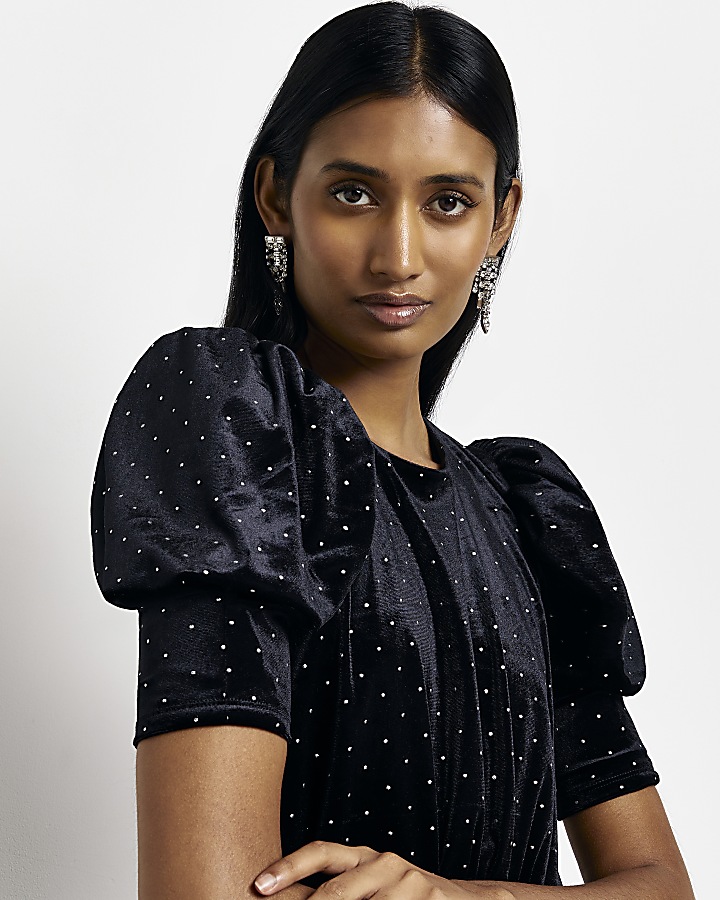 Black velvet studded midi dress River Island