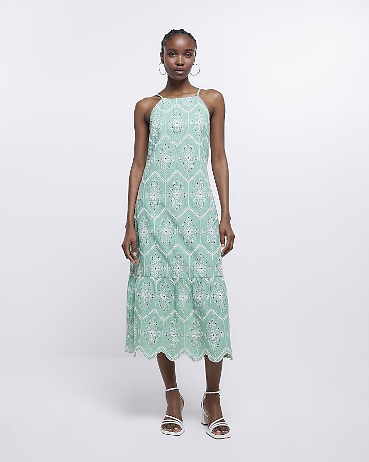 Green broderie midi dress