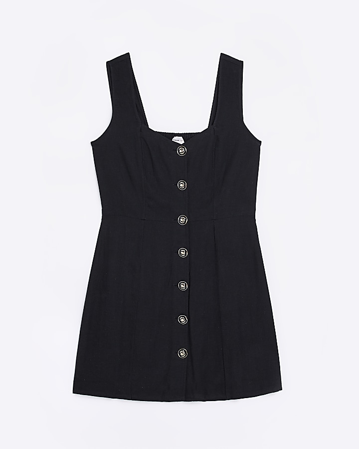Black linen blend button mini dress