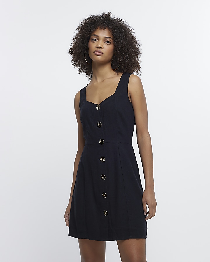 Black linen blend button mini dress