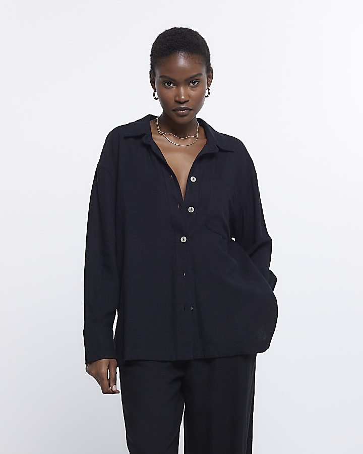 Black oversized shirt with linen | River Island