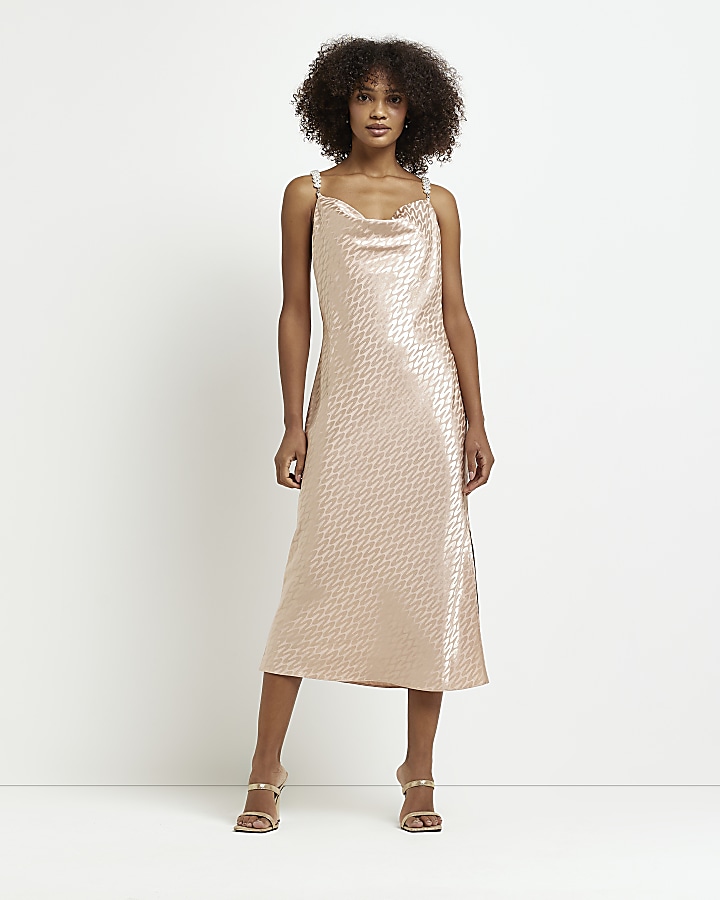 Stone satin slip midi dress River Island