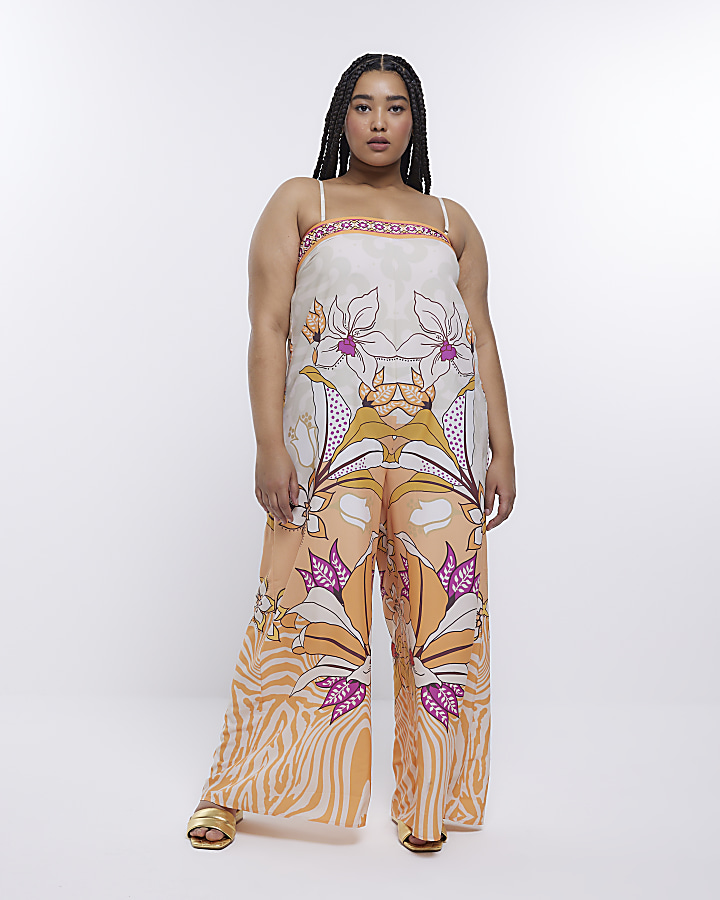 Plus Orange Print Beach jumpsuit